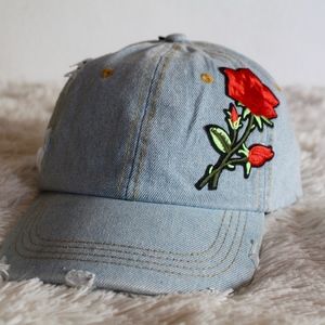 NWT! DISTRESSED DENIM HAT W/ EMBROIDERED ROSE